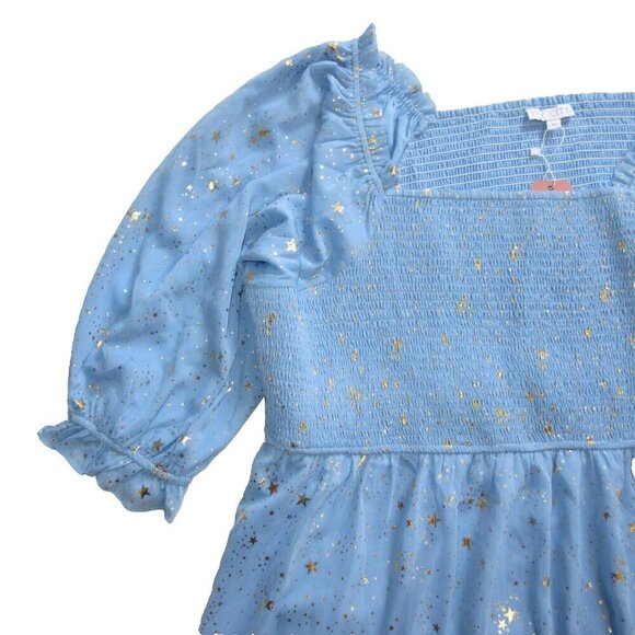 NWT Ivy City Co Starry Nights Midi Baby Blue Gold Smocked Puff Sleeve Dress 5X - Picture 3 of 5